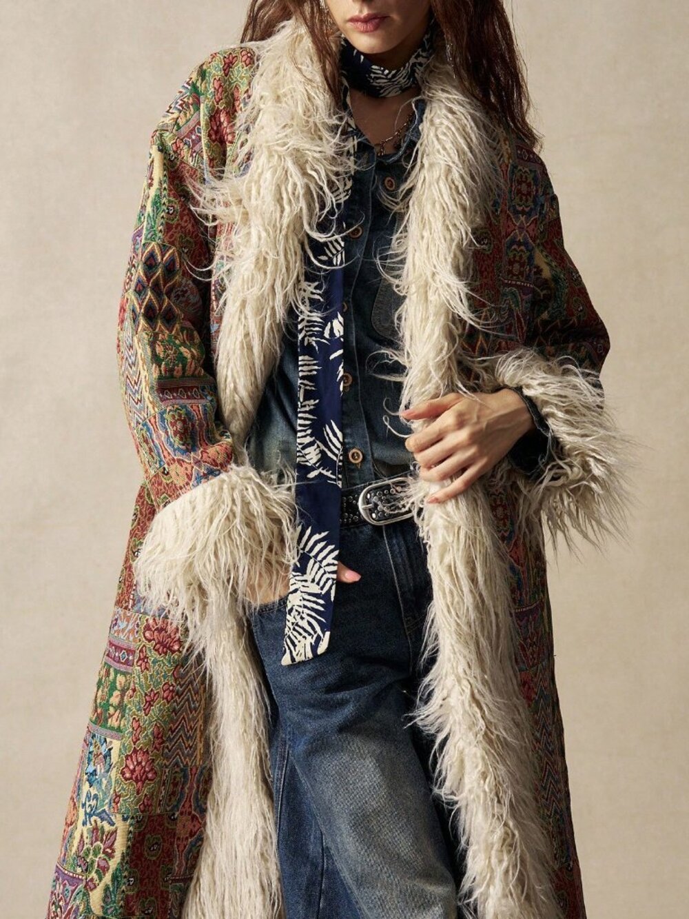 Multicolor Boho Women's Jacquard Faux Fur Trim Coat - Picture 4 of 7